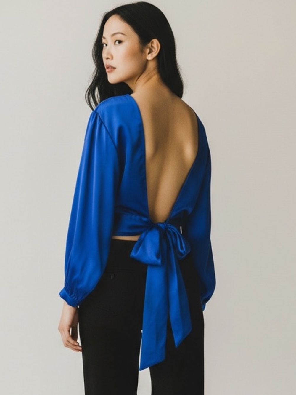 Zara Open-Back Satin Top in Cobalt Blue